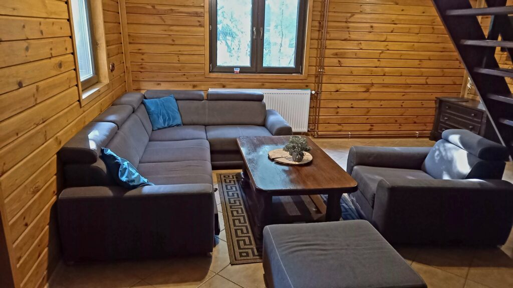 Salon w domku letniskowym nad Tanwią — kanapy i drewniane wnętrze